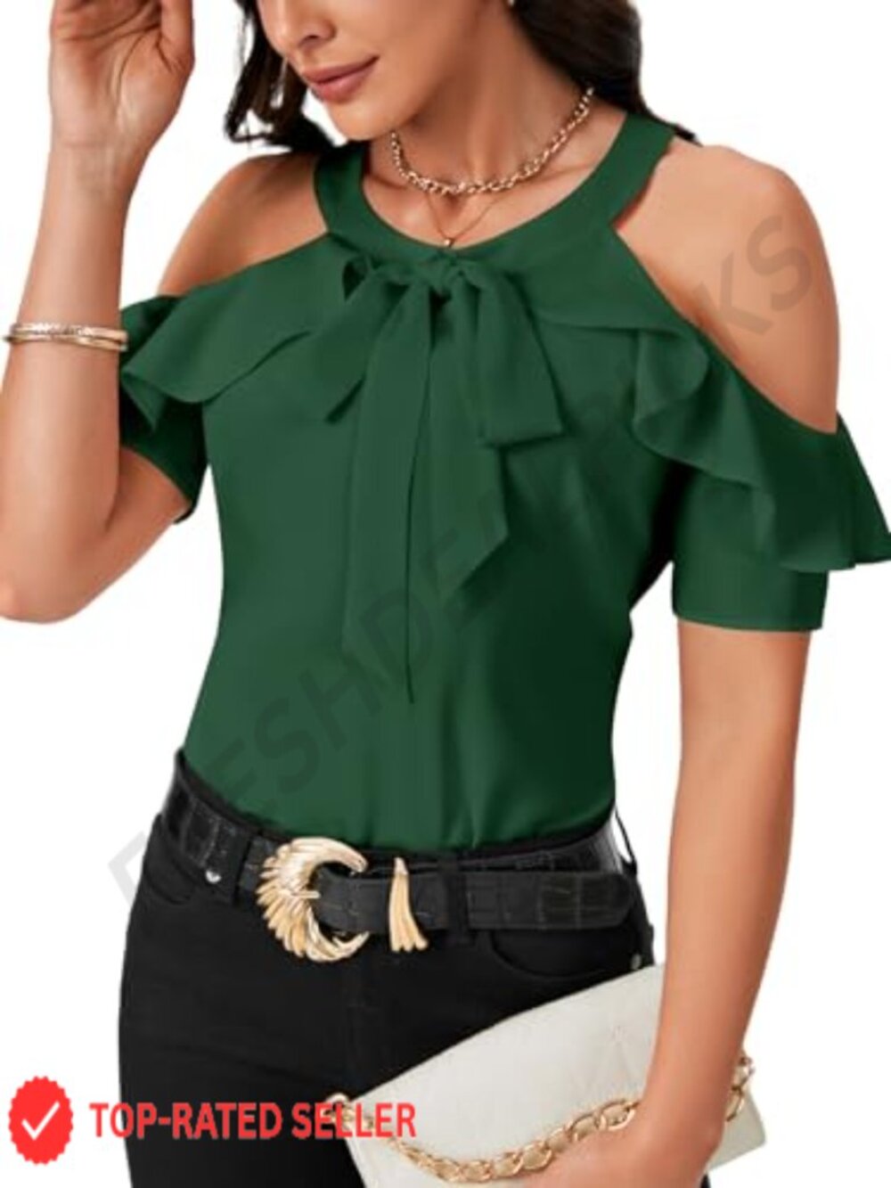 Rooscier Women's Cold Shoulder Tie Knot Blouse Ruffle Hem Short Sleeve